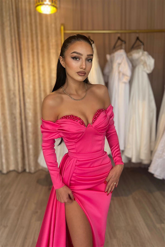 Off the Shoulder Hot Pink Prom Dresses With Side Train, High Slit Sexy Gown, Valentine Wear, 2024 Prom Dresses