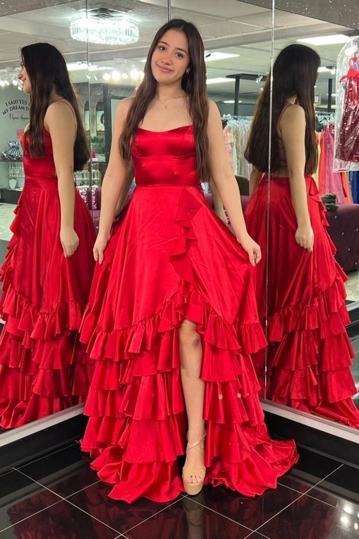Spaghetti Long A-line Red Ruffled Prom Dresses, Front Slit Prom Dresses, Popular Maxi Dresses