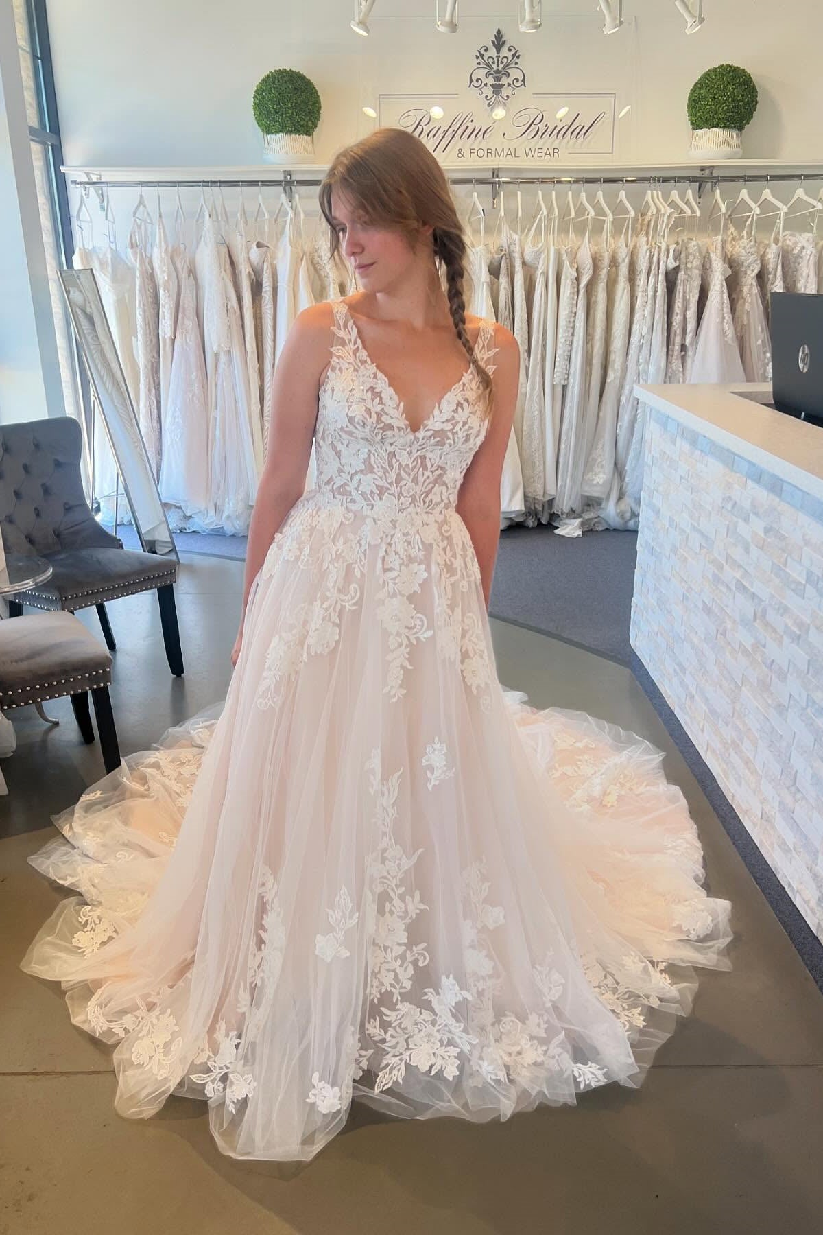 V-neck A-line Lace Wedding Dresses With Mid Train, Newest Wedding Dresses, Bridal Gown