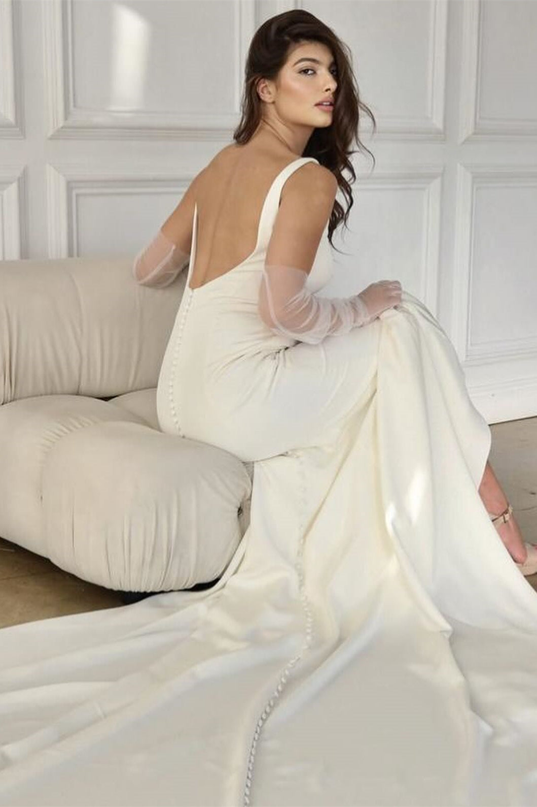 Square Neckline Simple Long Mermaid Wedding Dresses, Backless Style With Buttons, Bridal Gown