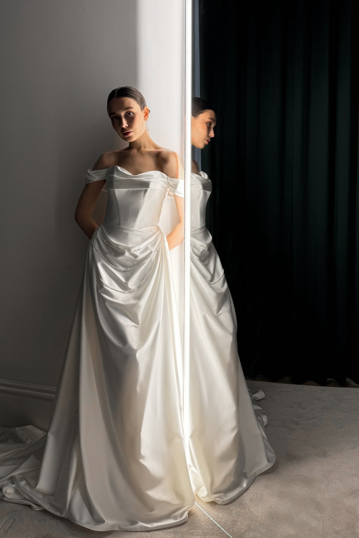 Off Shoulder Chic Soft Satin Wedding Dresses With Pearls, Newest Wedding Dresses, Bridal Gown