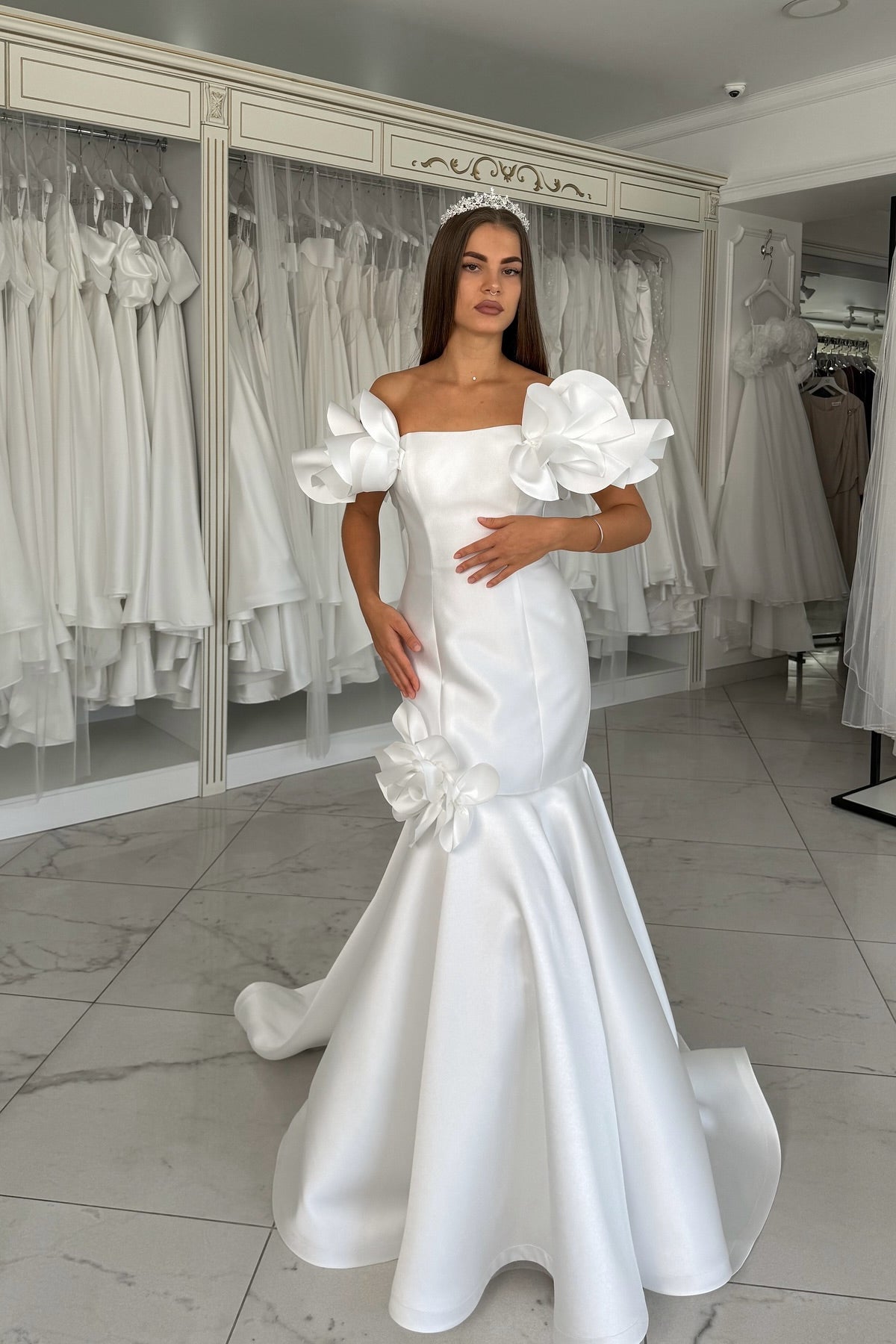 Gorgeous 3D Satin Flowers Mermaid Wedding Dresses, Bridal Gown, High Quality Handmade Wedding Dresses