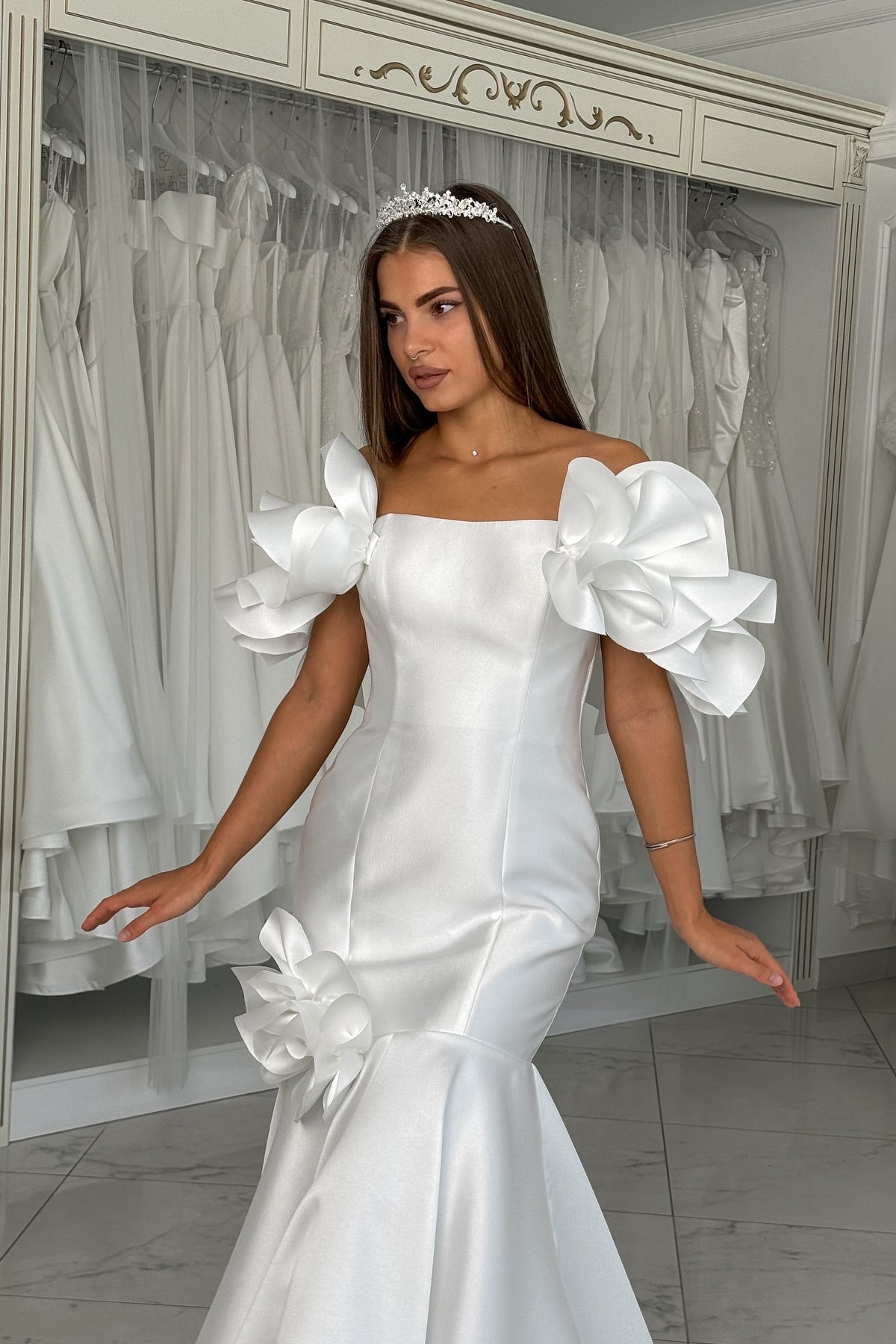 Gorgeous 3D Satin Flowers Mermaid Wedding Dresses, Bridal Gown, High Quality Handmade Wedding Dresses