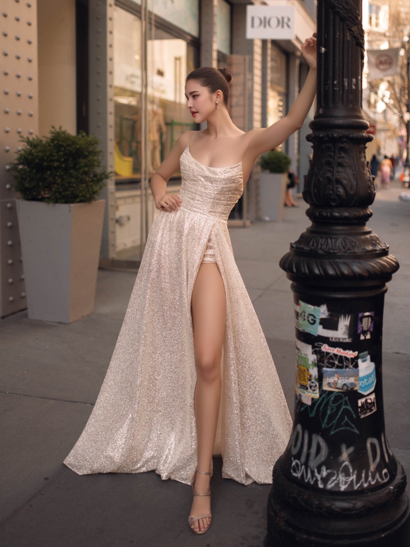 Gorgeous Shiny A-line Long Prom Dresses, High Slit Prom Dresses, Party Dresses, Evening Dresses,2024 Prom Dresses