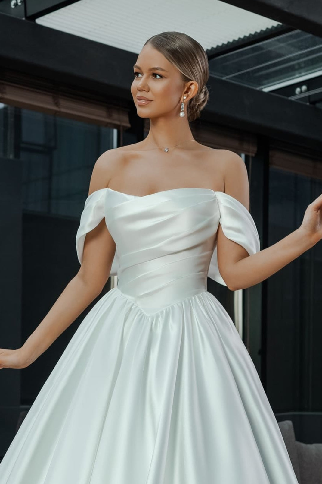 Off Shoulder A-line Shemmering Satin Wedding Dresses, Elegant Wedding Dresses, Bridal Gown