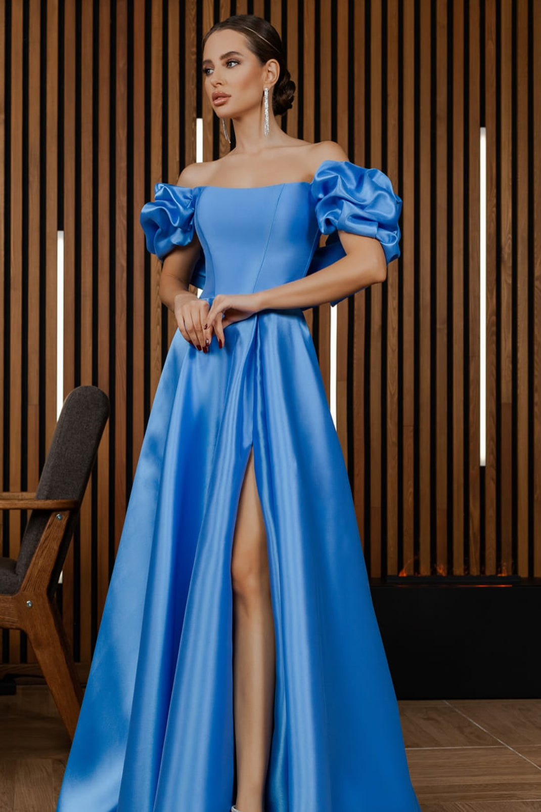 Off Shoulder Bubble Ruffled Sleeves Prom Dresses, A-line Blue Prom Dresses, Side Slit Gown, Newest Prom Dresses