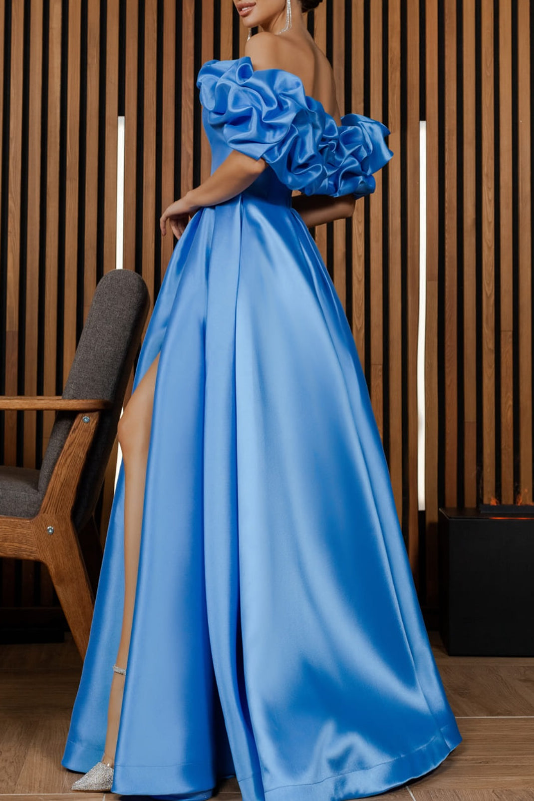 Off Shoulder Bubble Ruffled Sleeves Prom Dresses, A-line Blue Prom Dresses, Side Slit Gown, Newest Prom Dresses