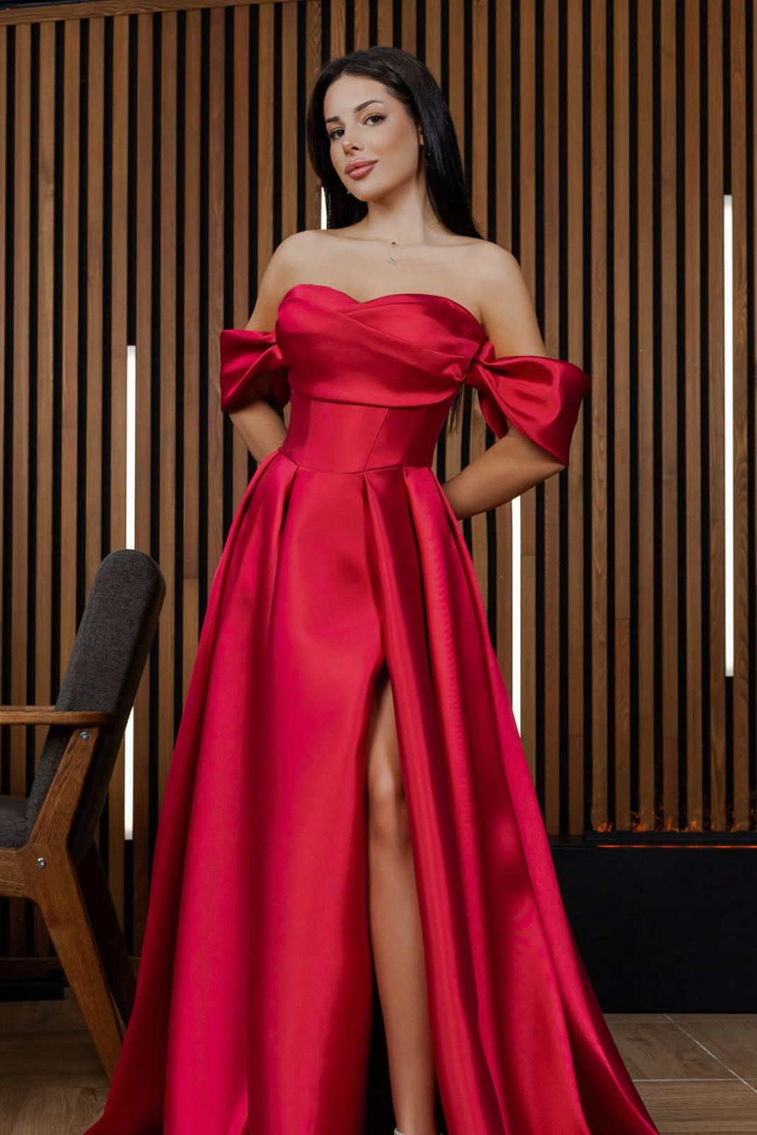 Off the SHoulder Red Satin A-line Prom Dresses, Side Slit Prom Dresses, Newest Prom Dresses, Evening Dresses