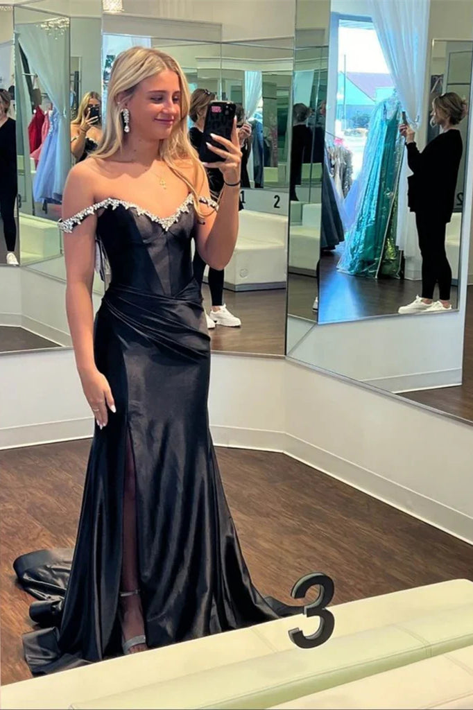 Off the Shoulder Long Mermaid Black Satin Prom Dresses With Lace Beaded Neckline, Newest Prom Dresses