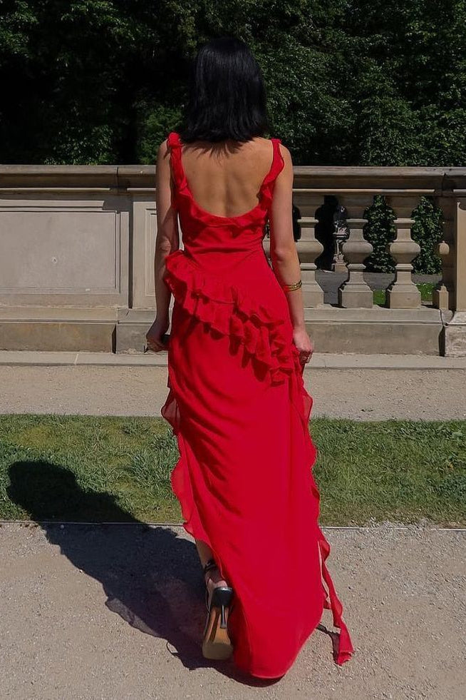 Square Neckline Red Ruffled Prom Gown, Wedding Guest Dresses, Long Bridesmaid Dresses, Party Dresses