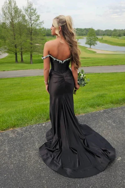 Off the Shoulder Long Mermaid Black Satin Prom Dresses With Lace Beaded Neckline, Newest Prom Dresses