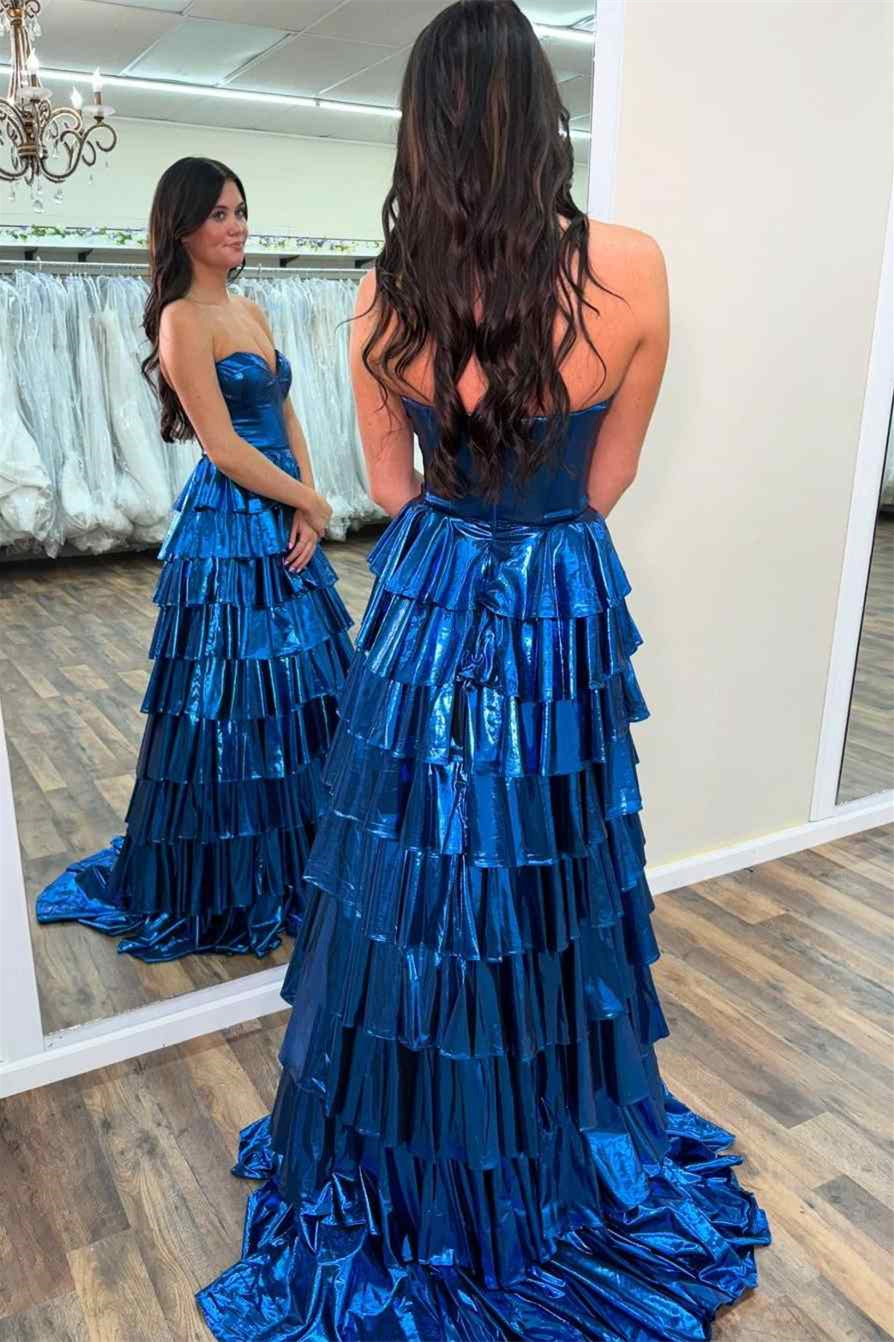 Sweetheart Long A-line Metalic Blue Prom Dresses, Ruffled Cake Prom Dresses, Newest Prom Dresses