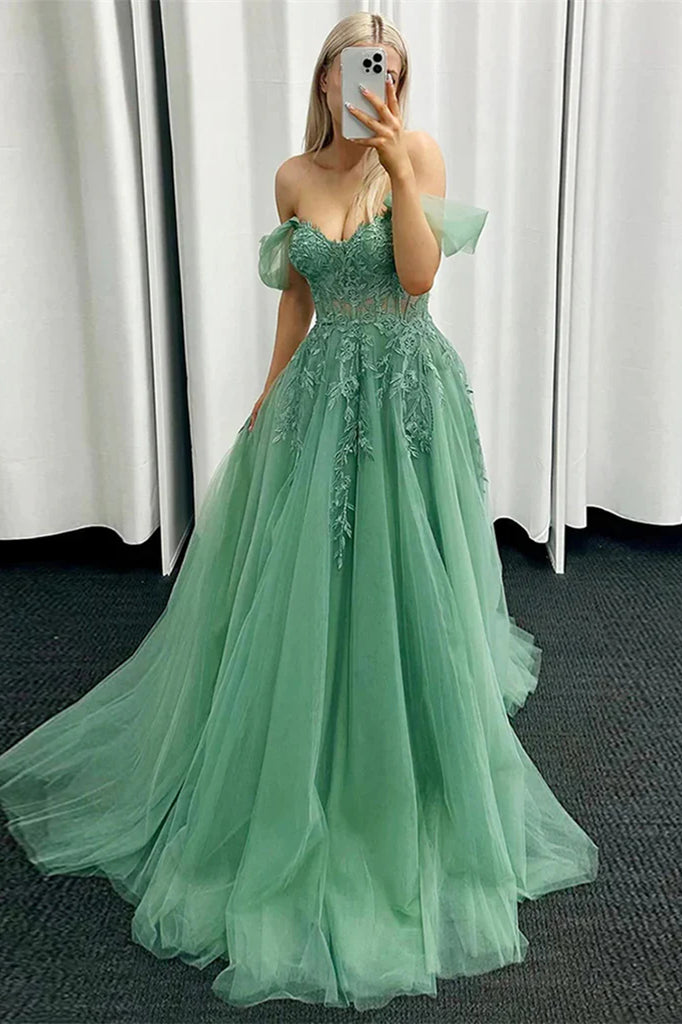 Off the Shoulder Grenn Lace Tulle Prom Dresses, Princess Maxi Dresses, Newest Prom Dresses