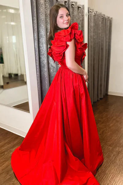 A-line V-neck Red Ruffle Neckline Pretty Satin Prom Dresses, Newest Prom Dresses