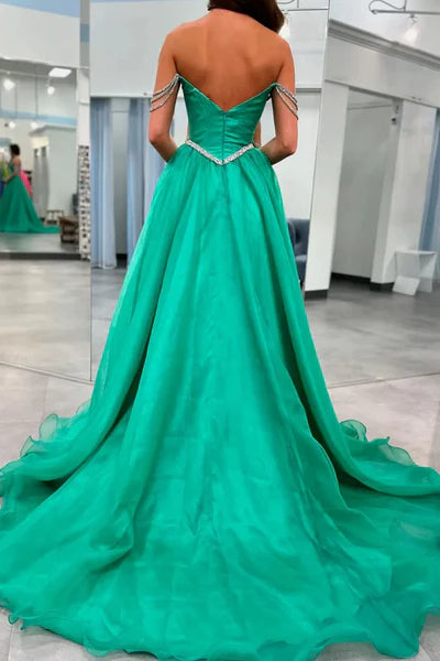 Off the Shoulder Green Organza A-line Princess Dresses, Newest Prom Dresses, Evening Gown