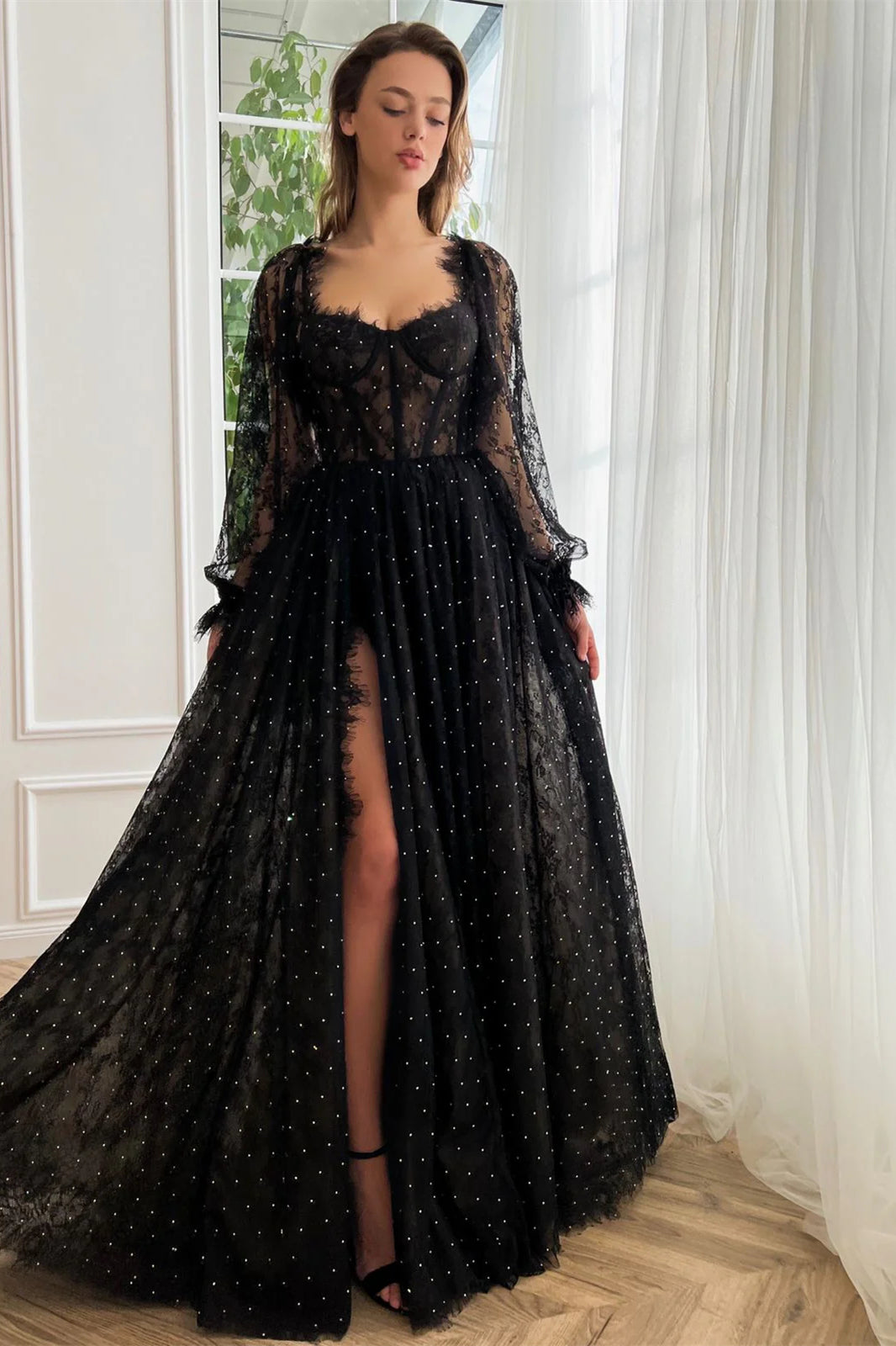 Long Sleeves Black Lace Tulle Prom Dresses, Side Slit Prom Dresses, Newest 2025 Prom Dresses