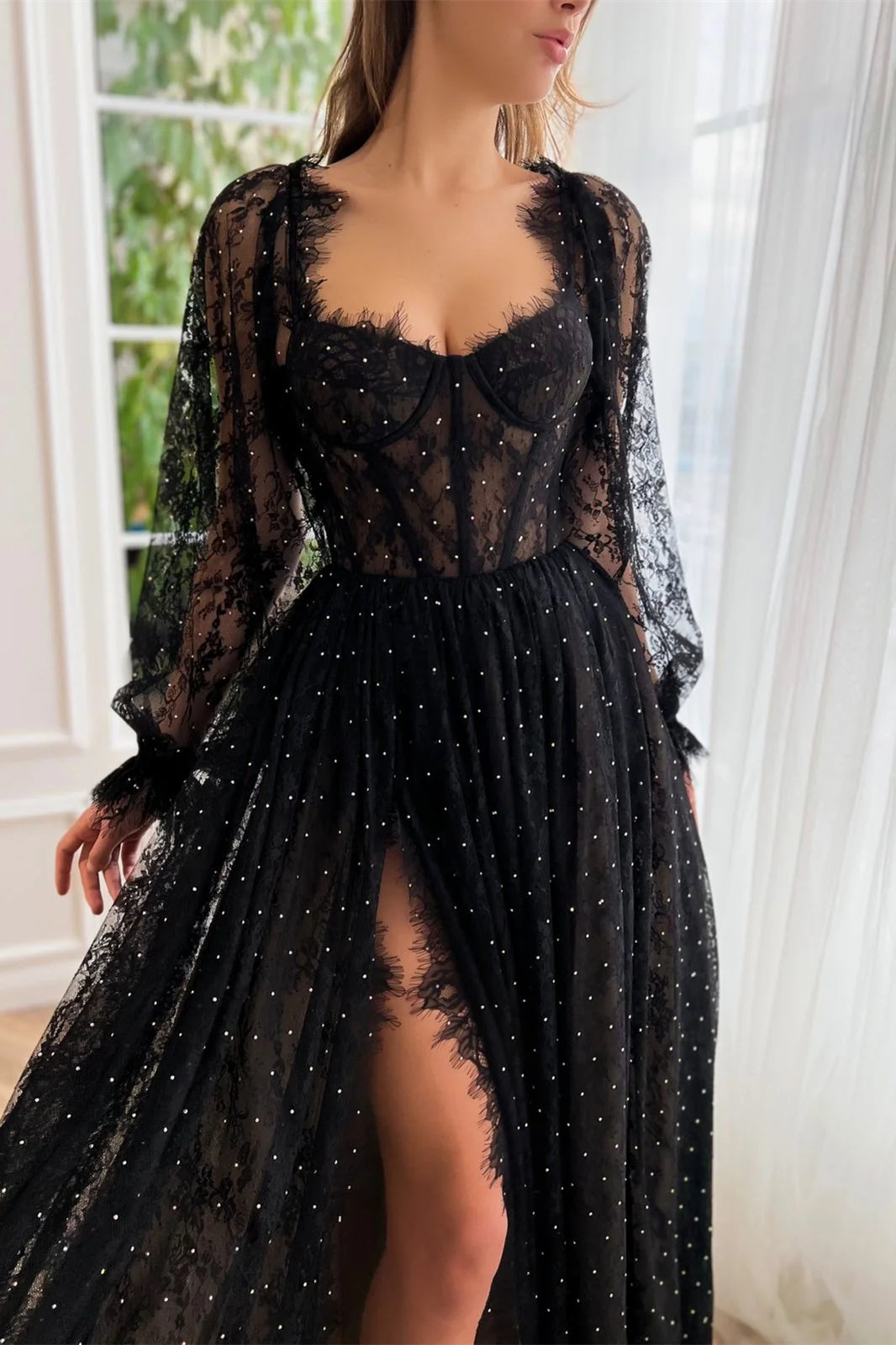 Long Sleeves Black Lace Tulle Prom Dresses, Side Slit Prom Dresses, Newest 2025 Prom Dresses