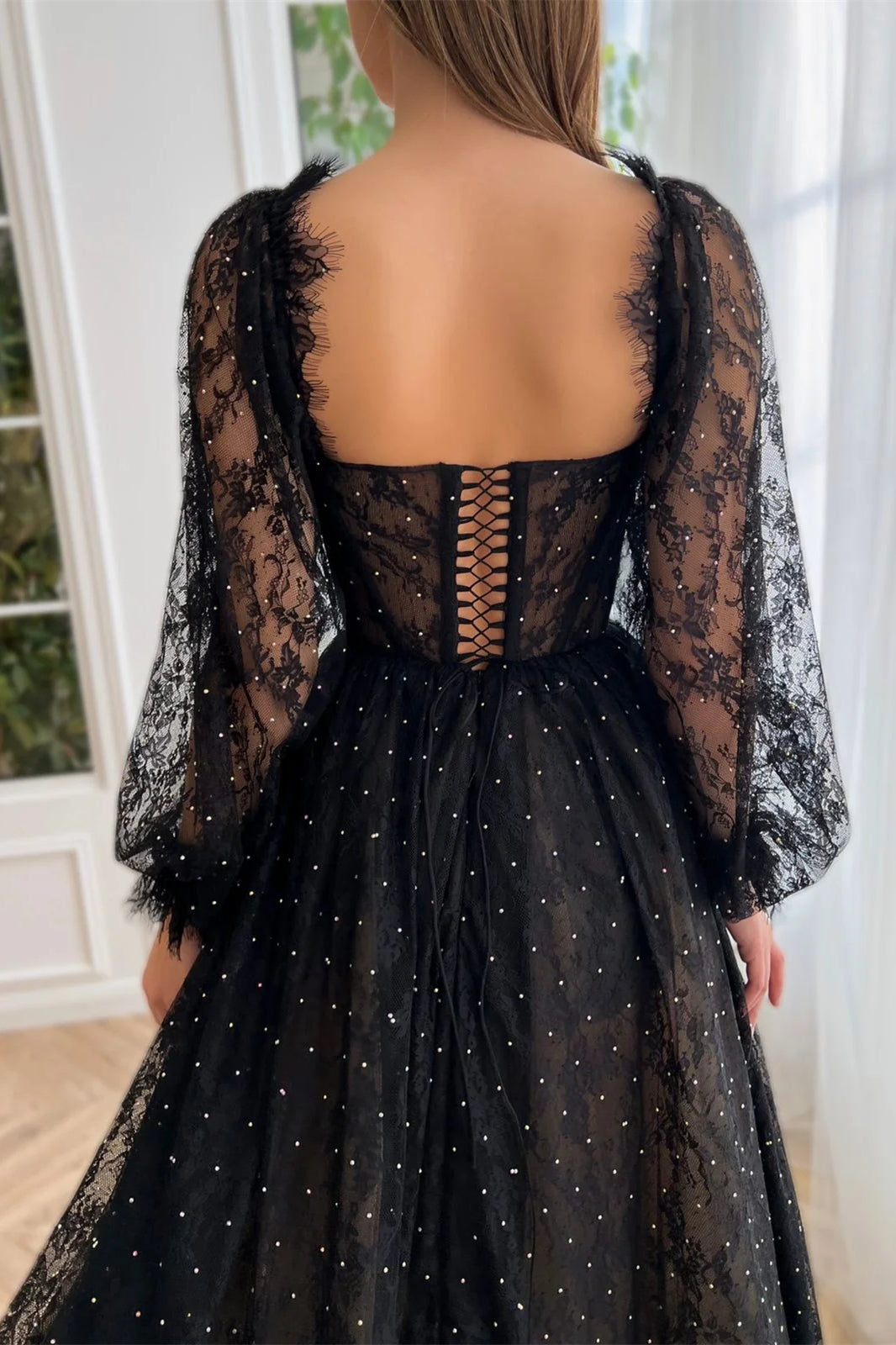 Long Sleeves Black Lace Tulle Prom Dresses, Side Slit Prom Dresses, Newest 2025 Prom Dresses