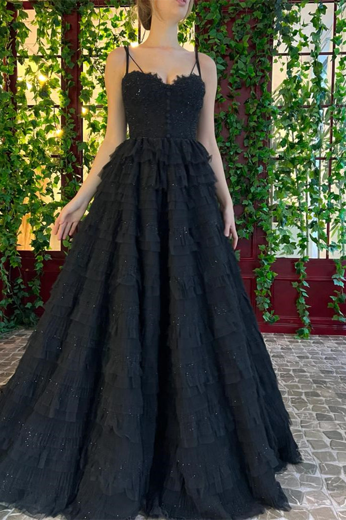 Black A-line Ruffled Prom Dresses With Beaded Details, Newest Prom Dresses, Popular Prom Gown