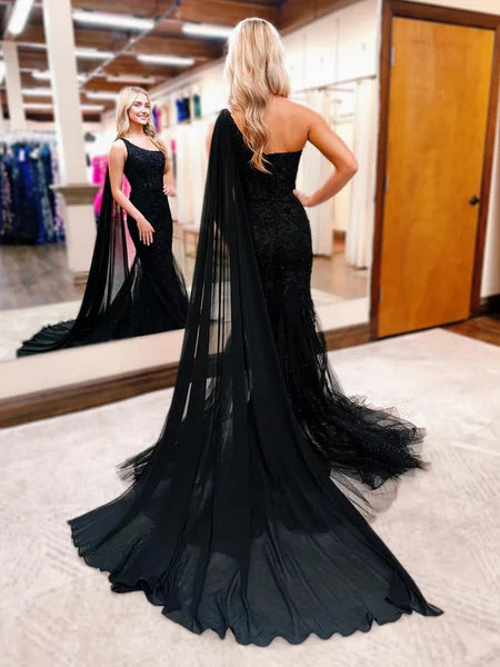 One Shoulder Black Lace Tulle Long Prom Dresses, Elegant Newest Prom Dresses, Formal Evening Dresses