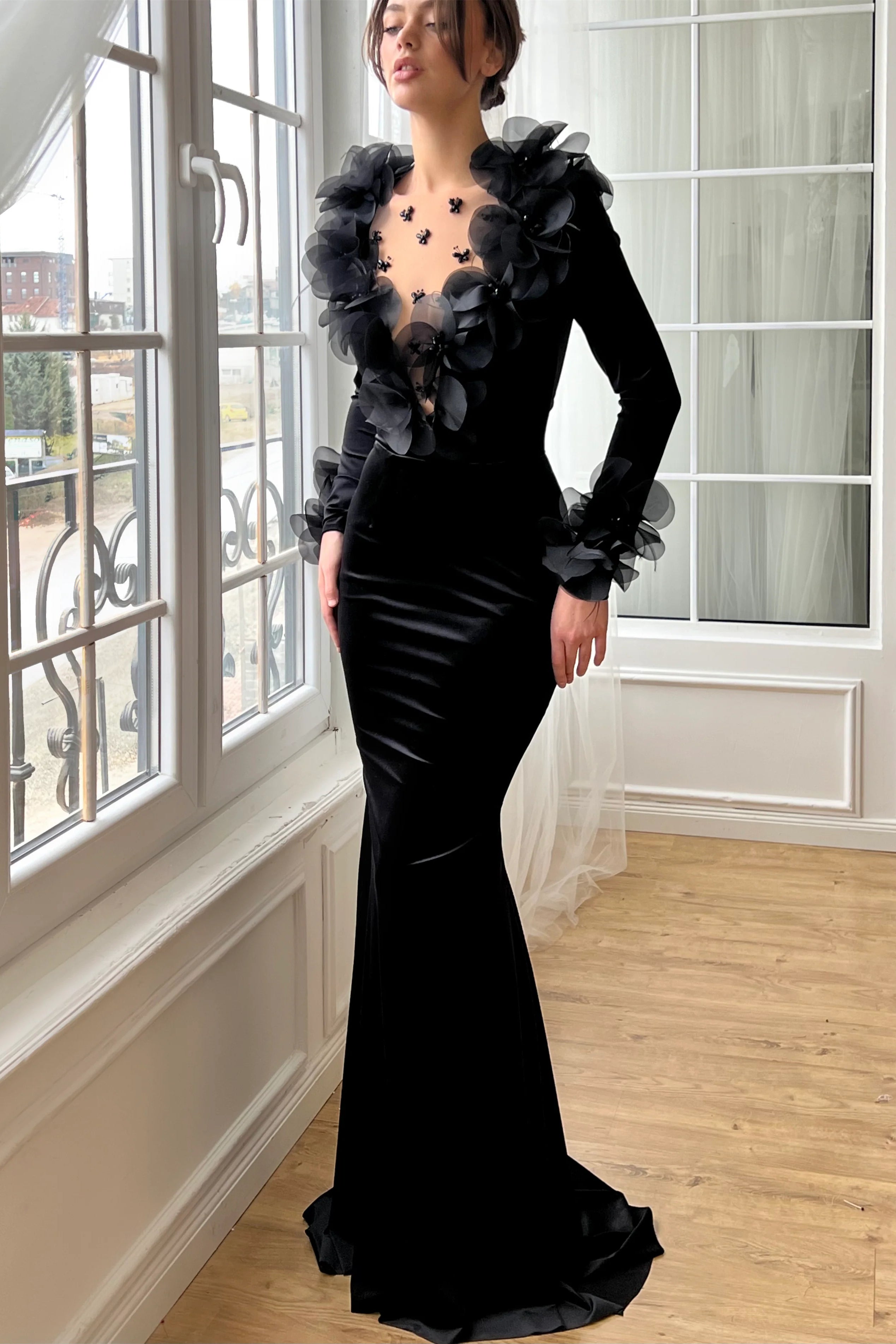 Black Velvet Long Sleeves Mermaid Prom Dresses With 3D Flowers, Newest Prom Dresses, Wedding Guest Dresses, Bridesmaid Dresses