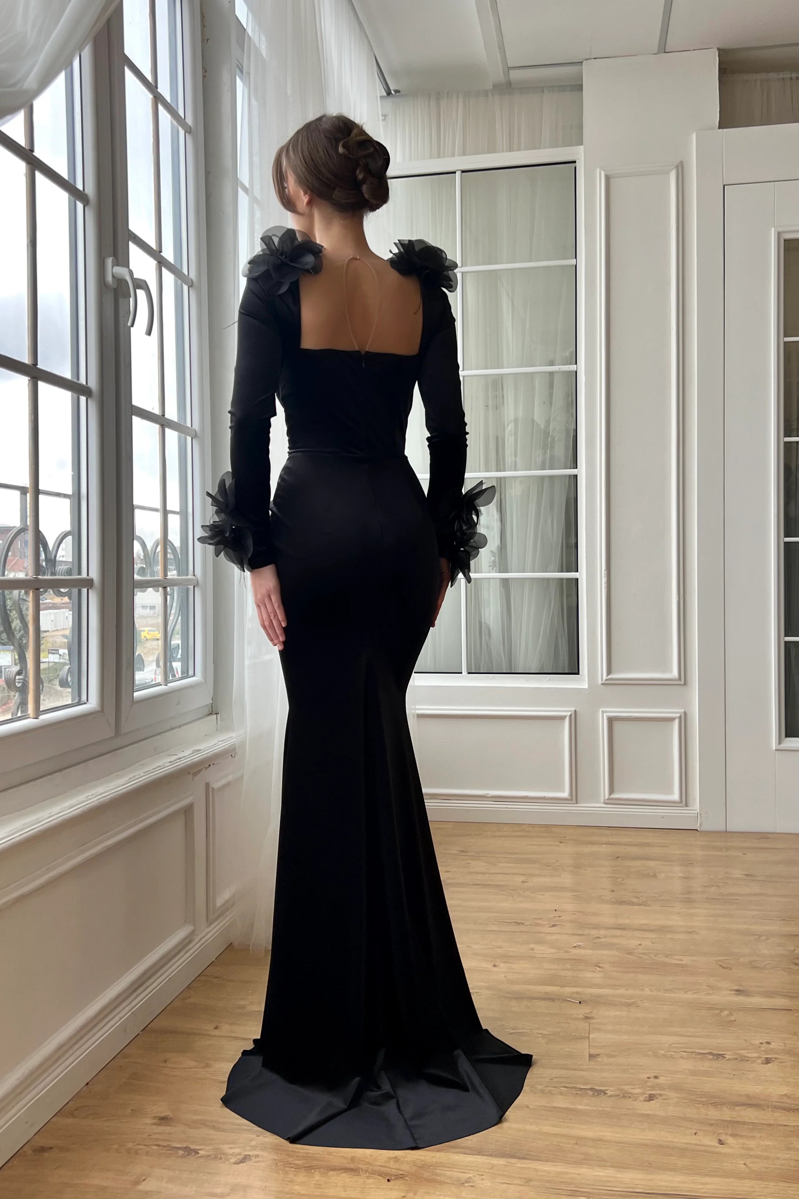 Black Velvet Long Sleeves Mermaid Prom Dresses With 3D Flowers, Newest Prom Dresses, Wedding Guest Dresses, Bridesmaid Dresses