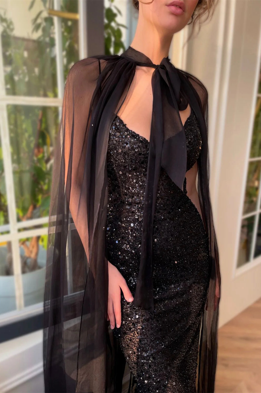 Spaghetti Black Sequin Mermaid Gown With Detachable Cape, Newest Prom Dresses, Evening Dresses