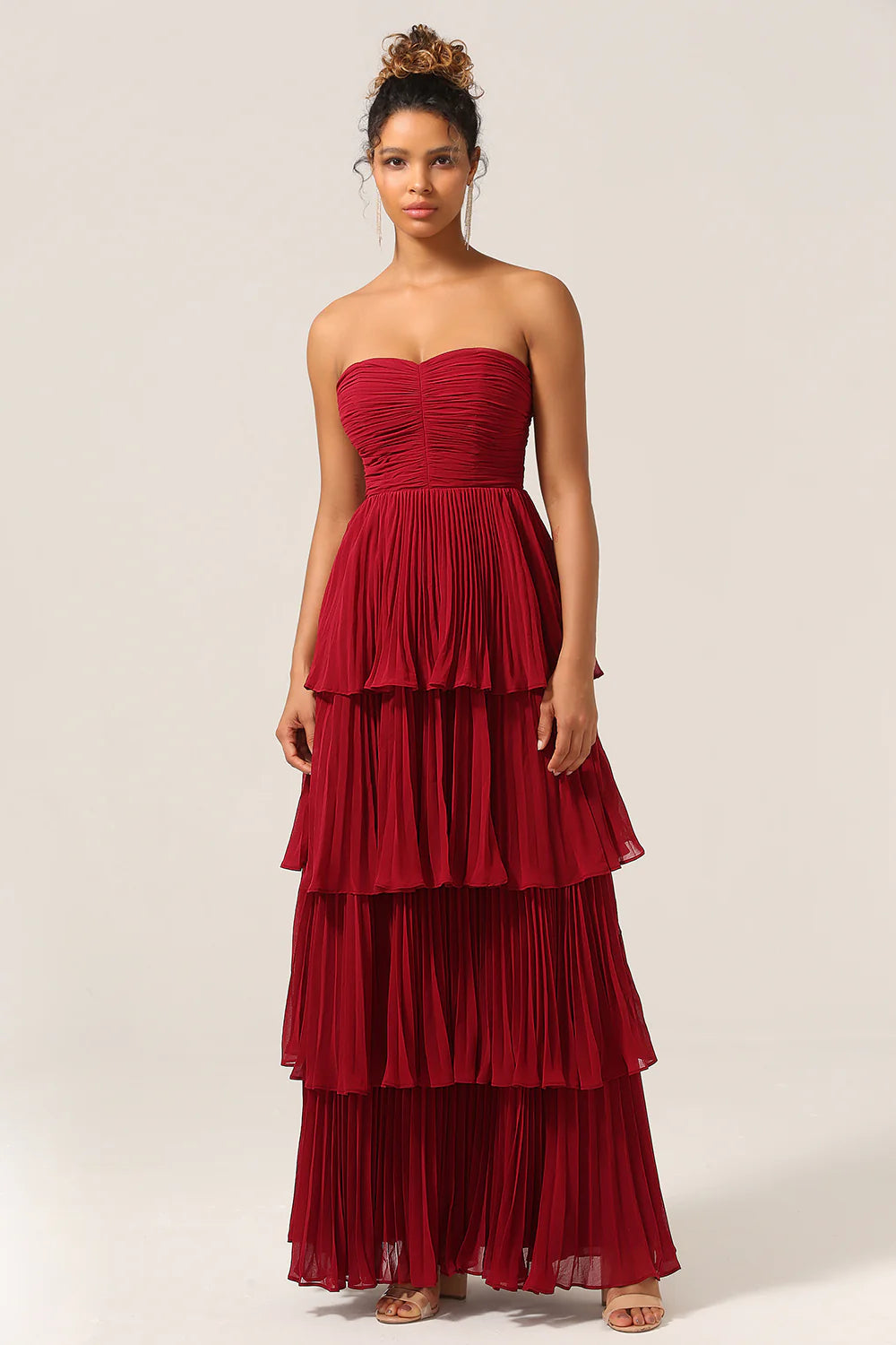 Red A-line Pleated Cake Dresses With Ruffles, Newest Prom Dresses, Bridesmaid Dresses