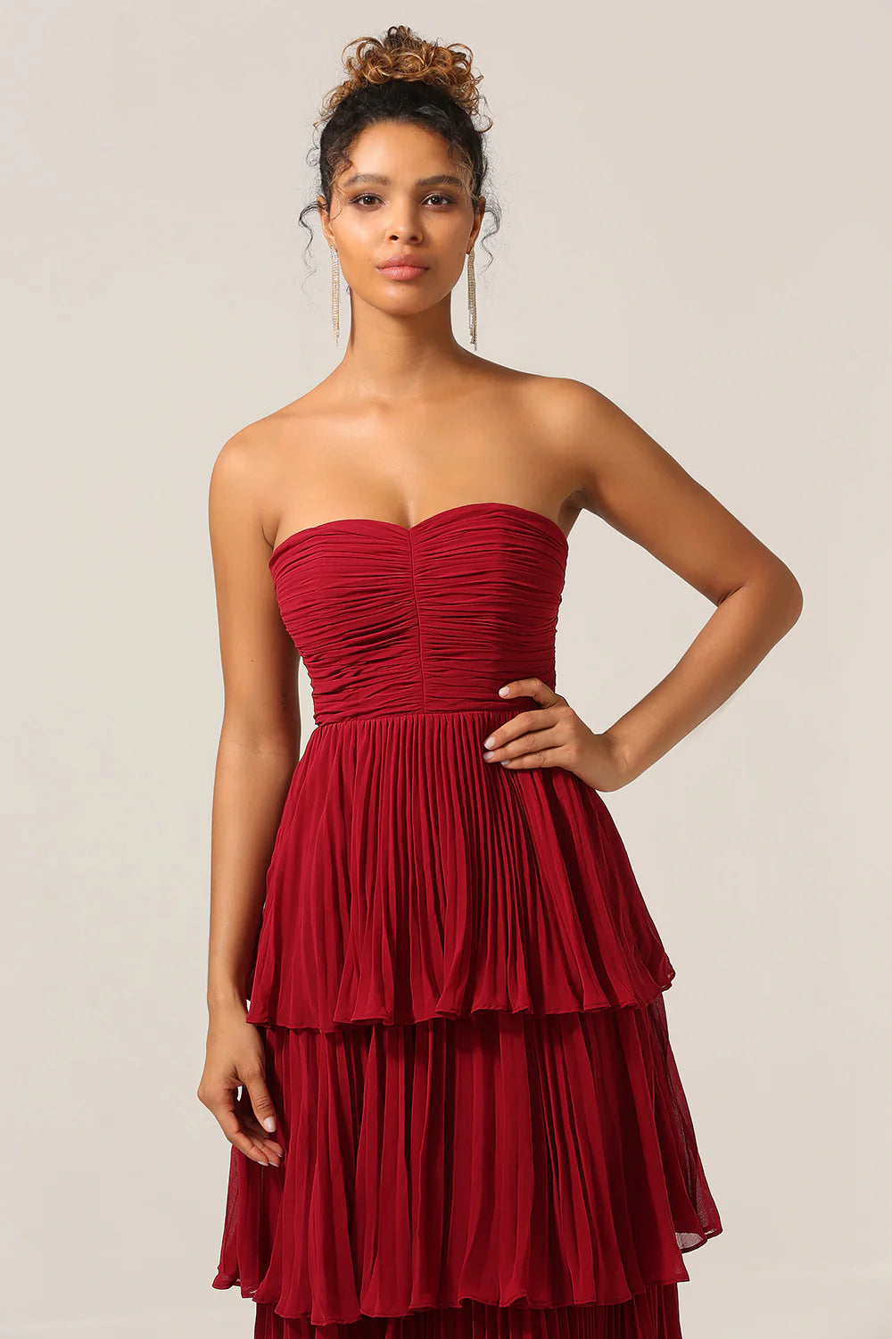 Red A-line Pleated Cake Dresses With Ruffles, Newest Prom Dresses, Bridesmaid Dresses