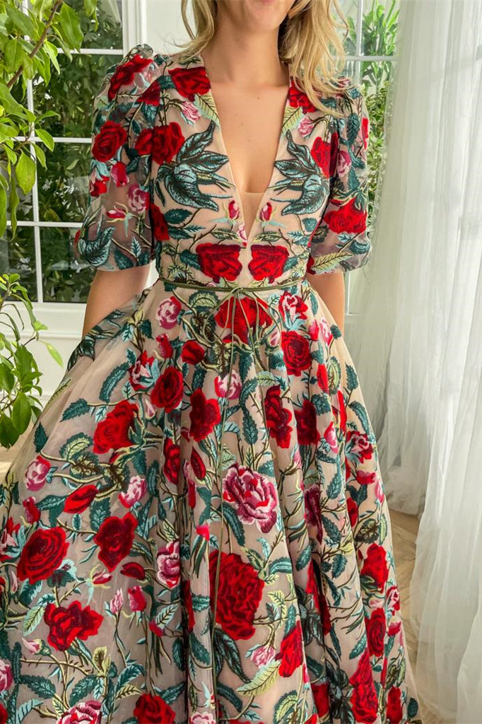 Deep V-neck Half Sleeves A-line Prom Dresses, Rose Floral Prom Dresses, Newest Prom Dresses