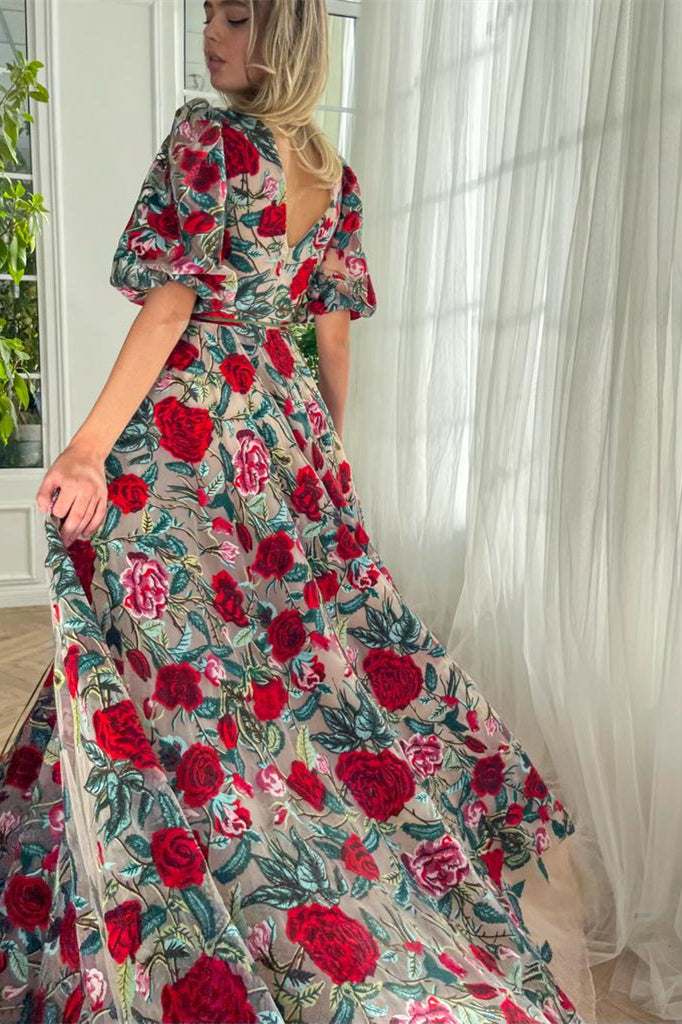 Deep V-neck Half Sleeves A-line Prom Dresses, Rose Floral Prom Dresses, Newest Prom Dresses