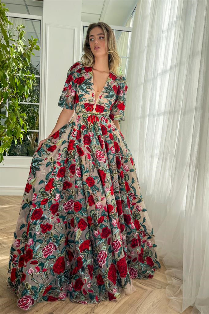 Deep V-neck Half Sleeves A-line Prom Dresses, Rose Floral Prom Dresses, Newest Prom Dresses