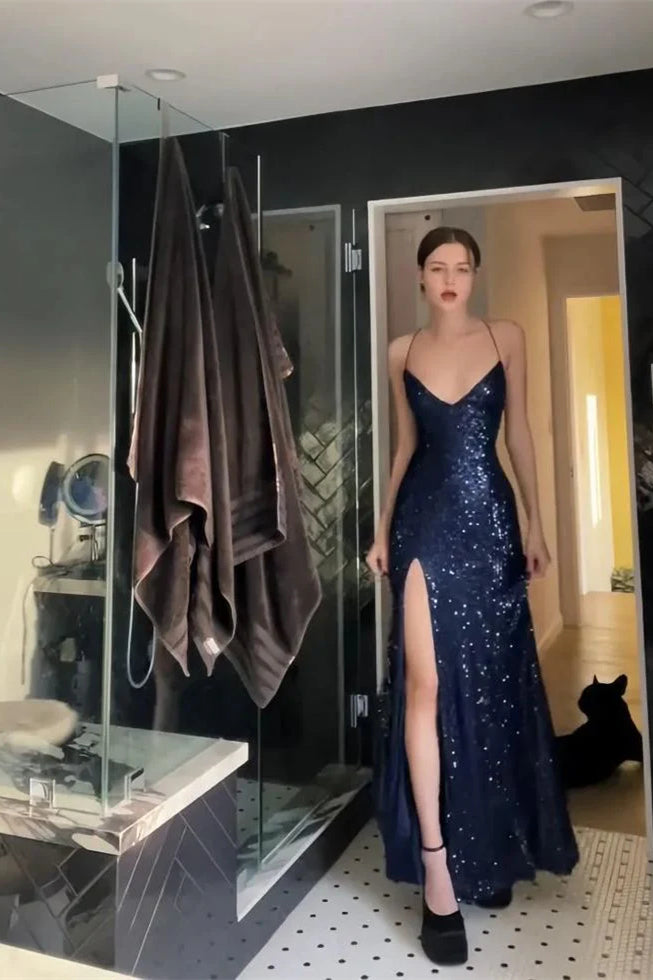 Sexy V-neck Navy Sequin Prom Dresses, Shiny Maxi Dresses, Formal Party Dresses, Newest Prom Dresses