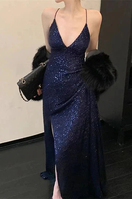 Sexy V-neck Navy Sequin Prom Dresses, Shiny Maxi Dresses, Formal Party Dresses, Newest Prom Dresses