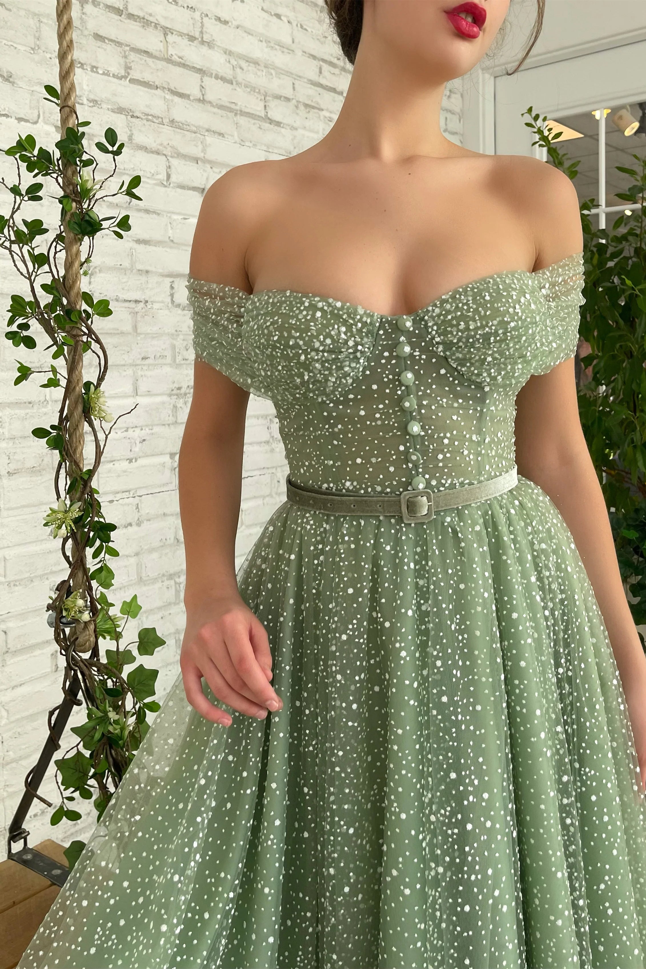 Sage Green Midi Dresses With Belt, Off the Shoulder Pretty Dancing Dresses, Newest Prom Dresses