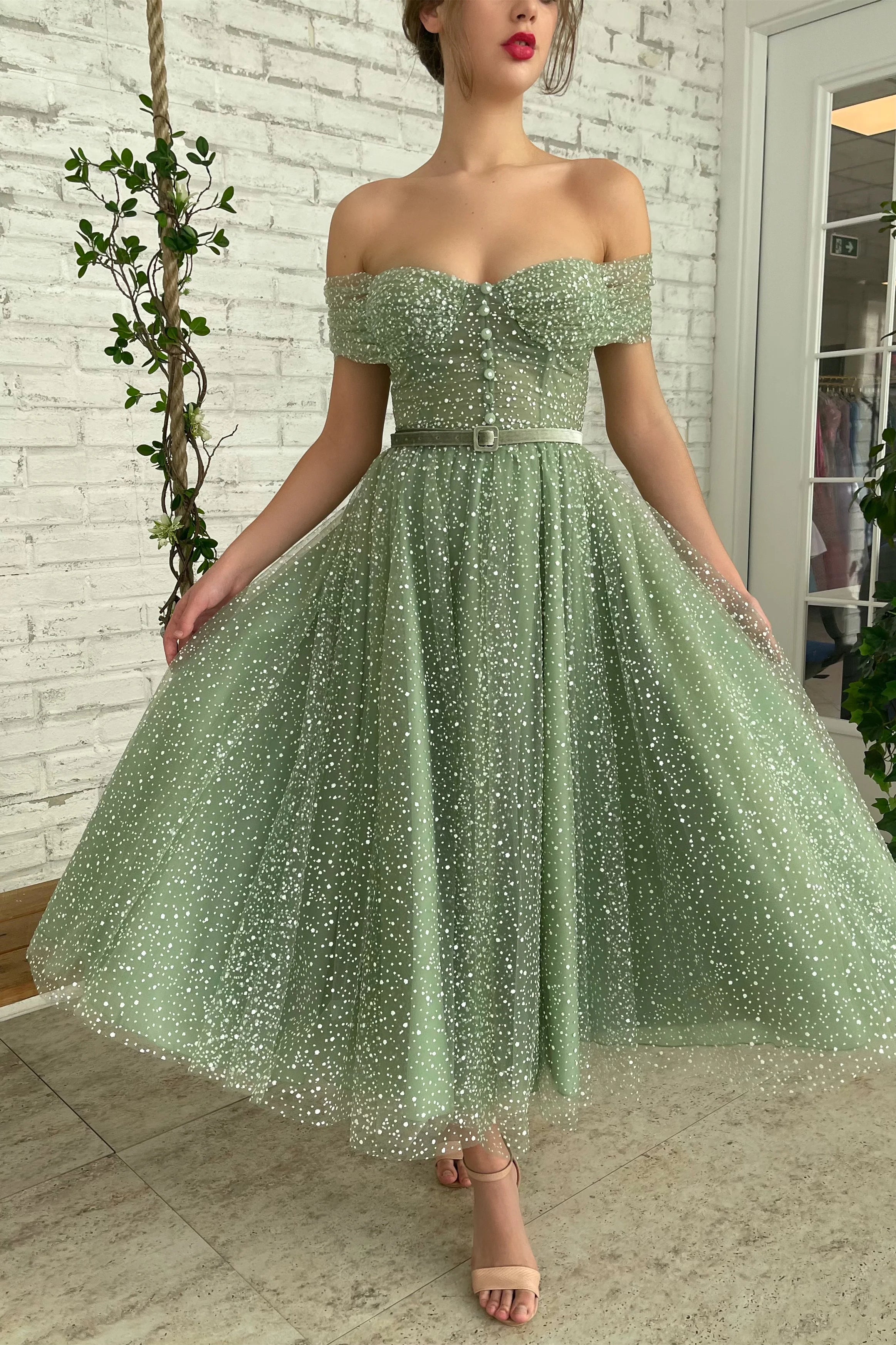 Sage Green Midi Dresses With Belt, Off the Shoulder Pretty Dancing Dresses, Newest Prom Dresses
