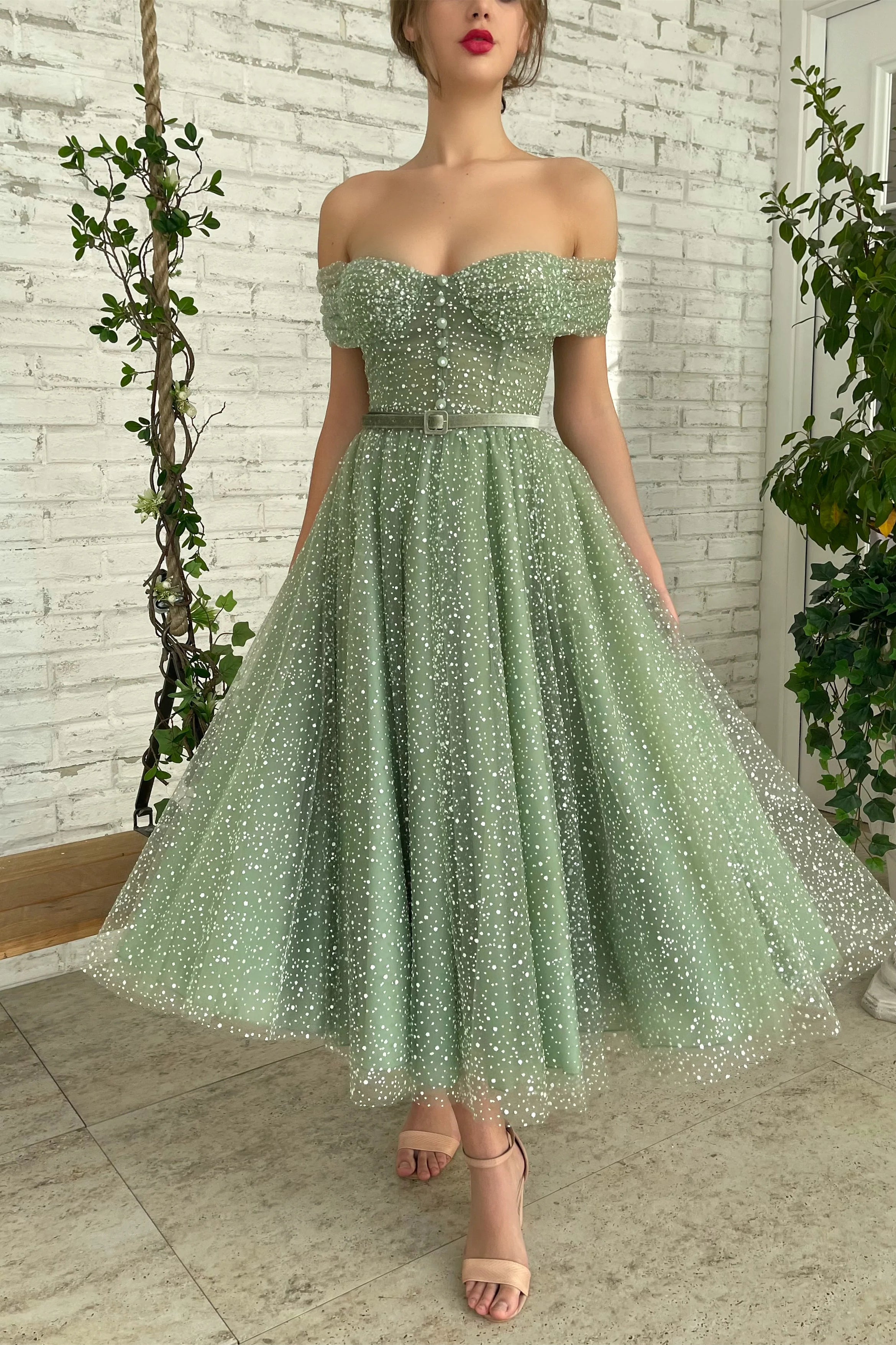 Sage Green Midi Dresses With Belt, Off the Shoulder Pretty Dancing Dresses, Newest Prom Dresses