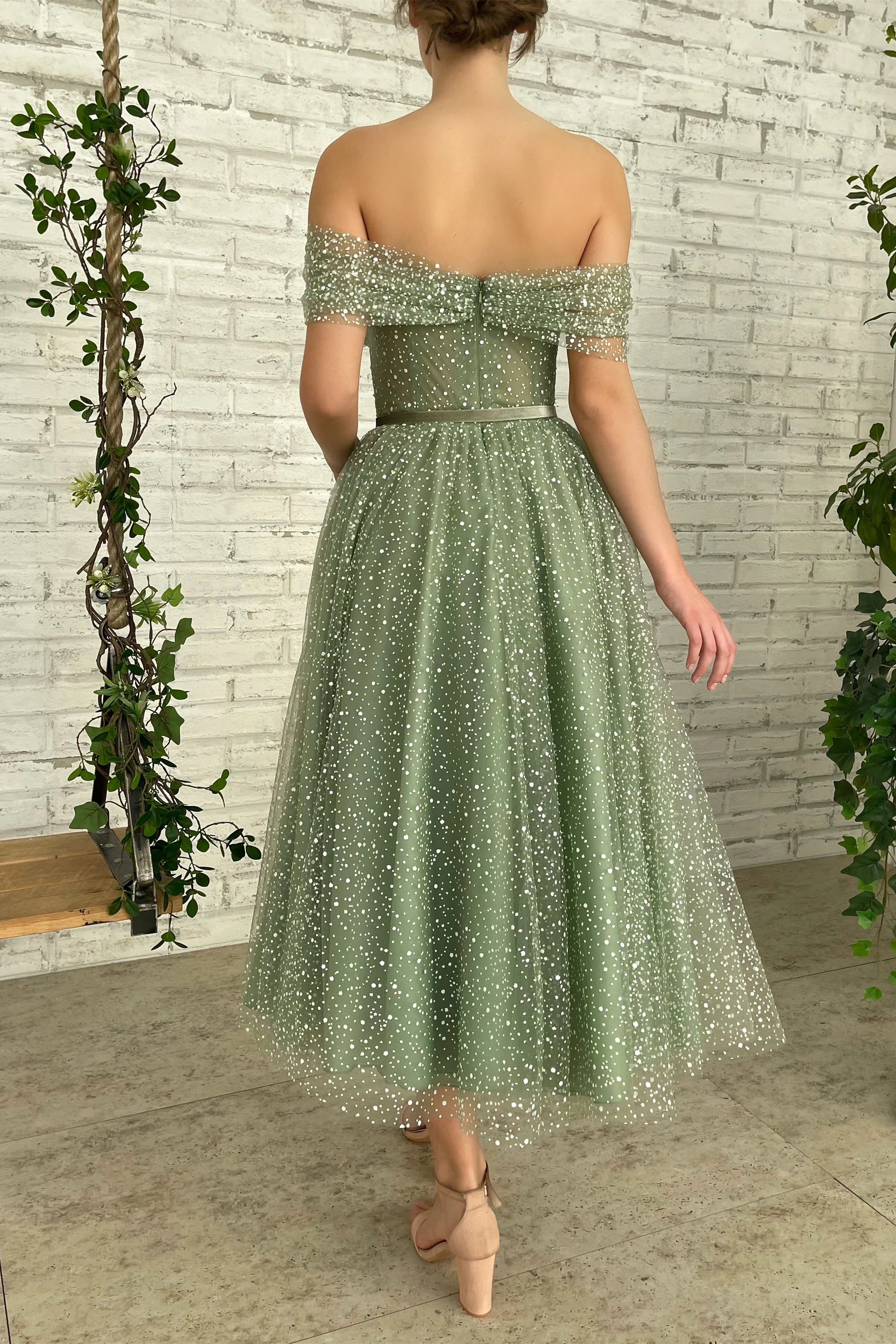 Sage Green Midi Dresses With Belt, Off the Shoulder Pretty Dancing Dresses, Newest Prom Dresses