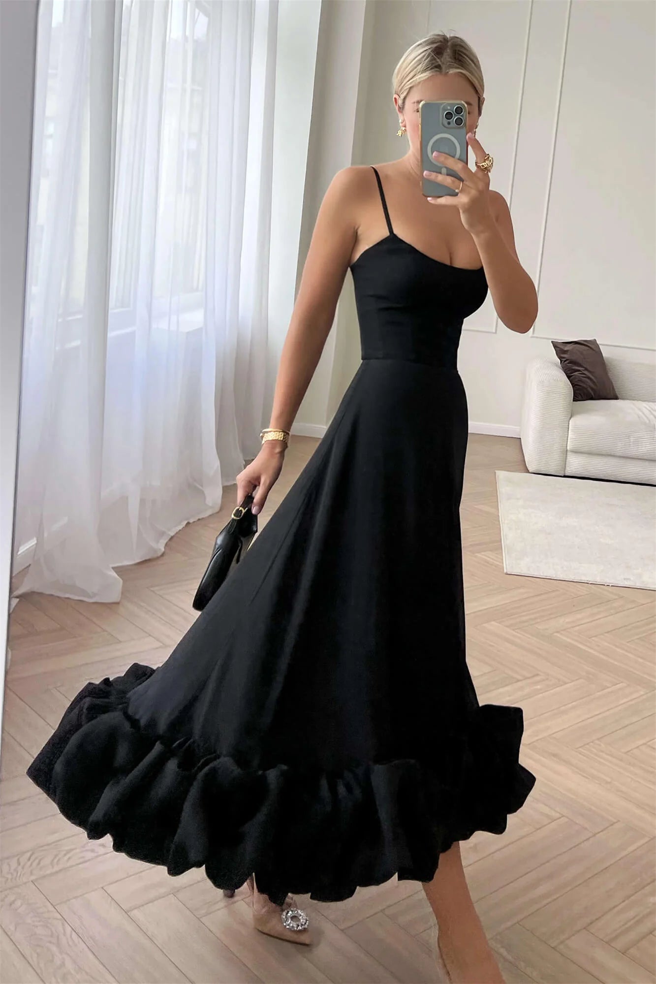 Scoop Neckline Black Midi Dresses, Unique Ruffles Skirt, Simple Black Dresses, Newest Prom Dresses, Wedding Guest Dresses, Bridesmaid Dresses