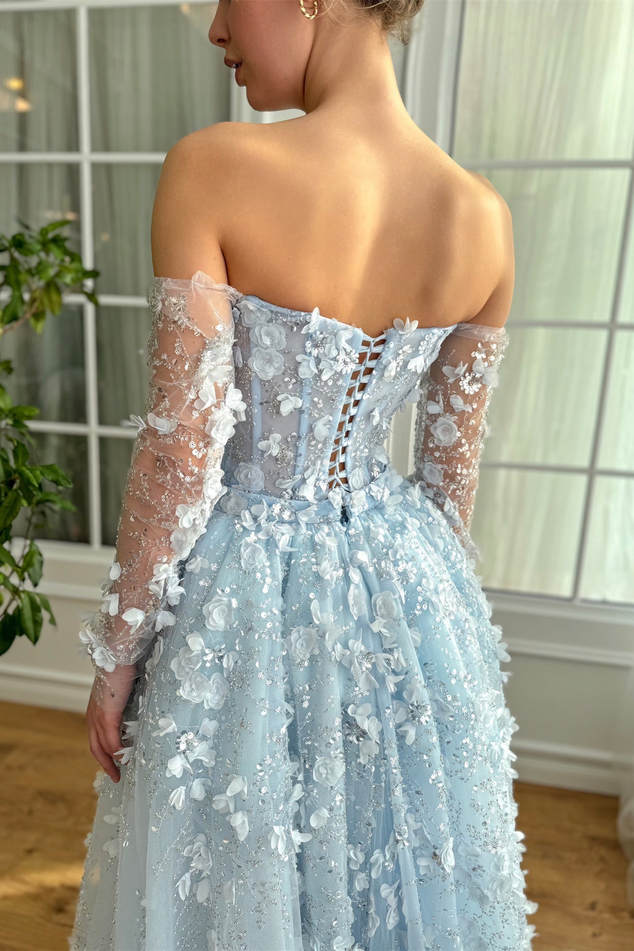 Luxury Pale Blue Floral Beaded Prom Dresses, 2 Pieces Long Prom Dresses With Bones, Newest Prom Dresses