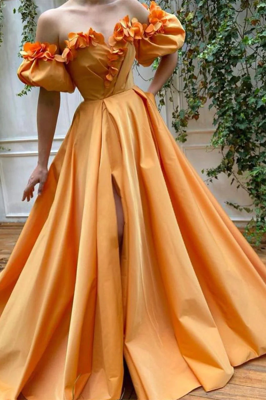 Orange A-line Satin Prom Dresses With Floral Neckline, Bubble Sleeves Prom Dresses, Newest Prom Dresses