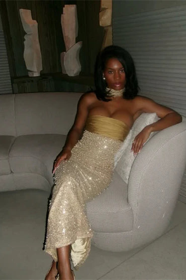 Strapless Yellow Satin Beaded Mermaid Prom Dresses, Maxi Dresses, Popular Party Dance Dresses