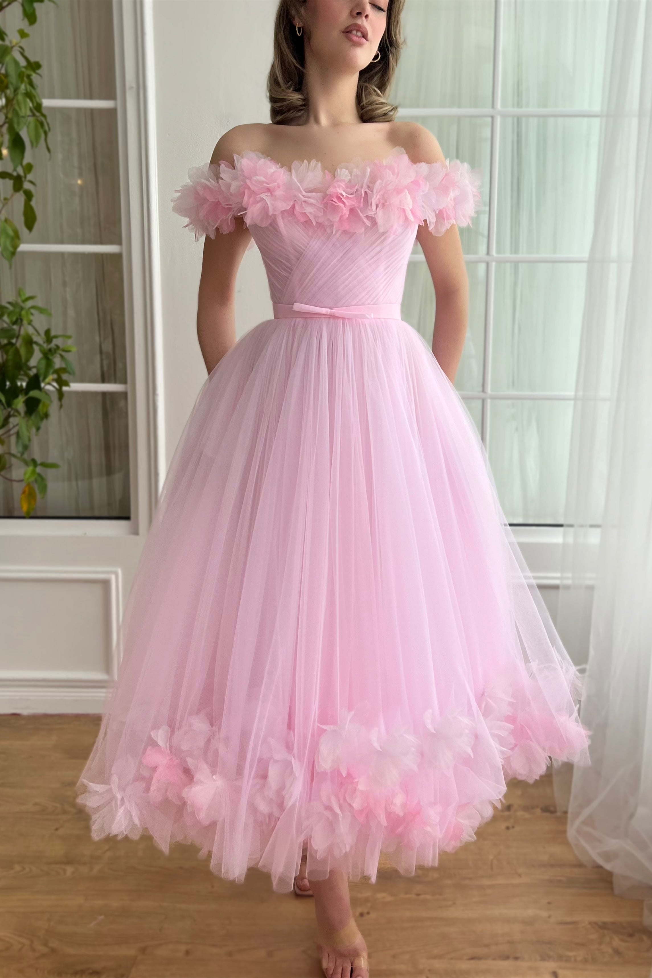 Off the Shoulder Pink Floral Midi Dresses, A-line Tulle Gown With 3D flowers, Party Dresses, Newest Prom Dresses