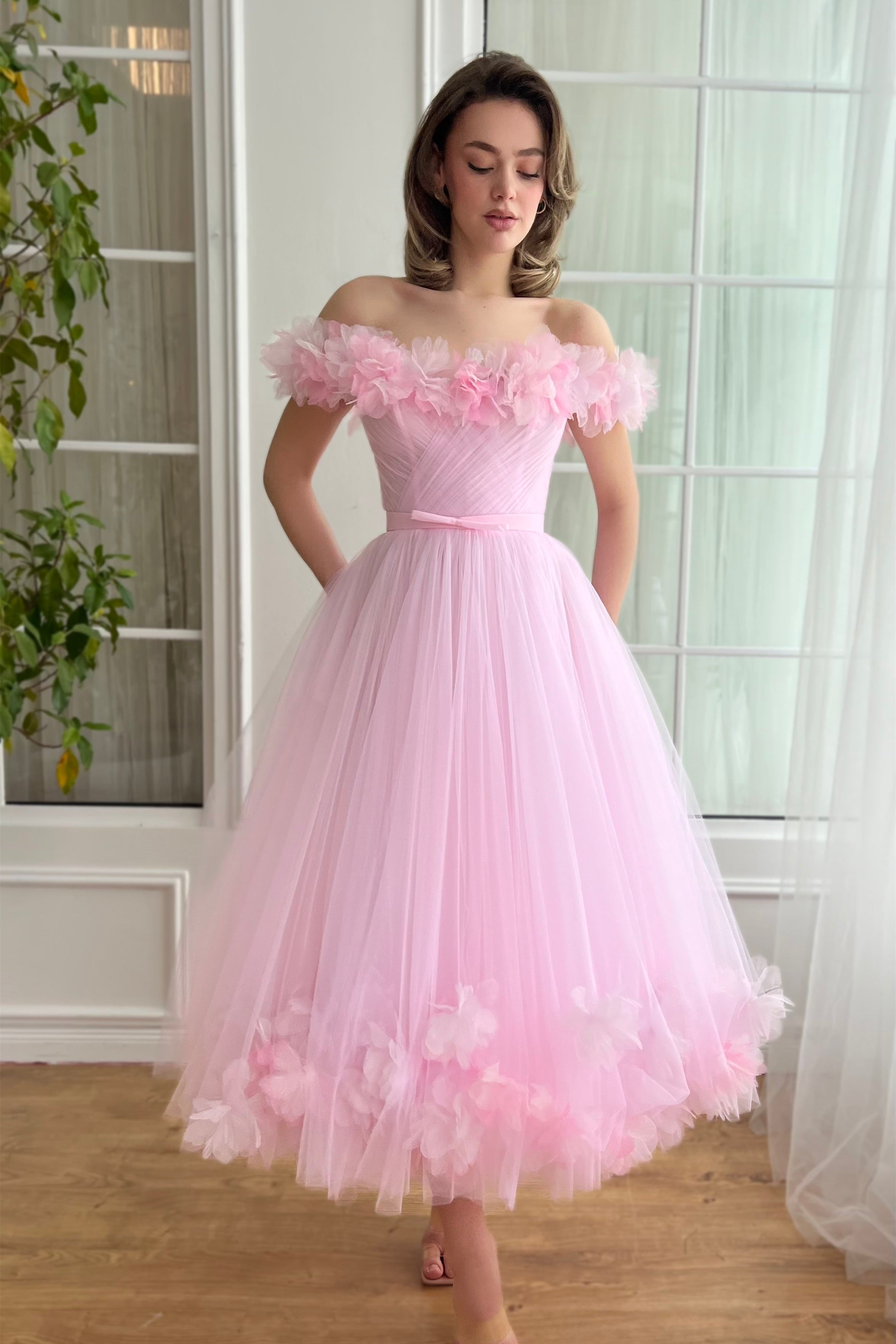 Off the Shoulder Pink Floral Midi Dresses, A-line Tulle Gown With 3D flowers, Party Dresses, Newest Prom Dresses