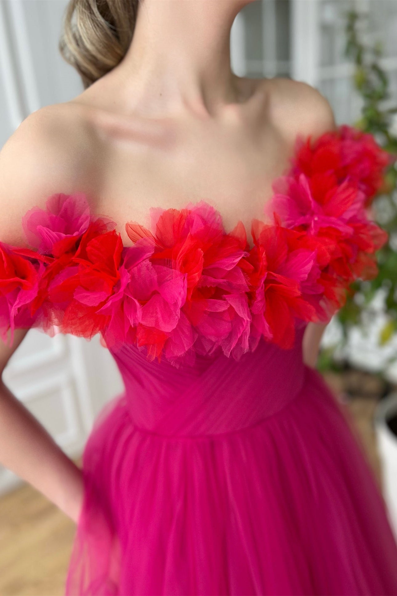 Hot Pink Midi Dresses With Off the Shoulder Sleeves, Hnadmade Floral A-line Cute Prom Dresses, Newest Prom Dresses