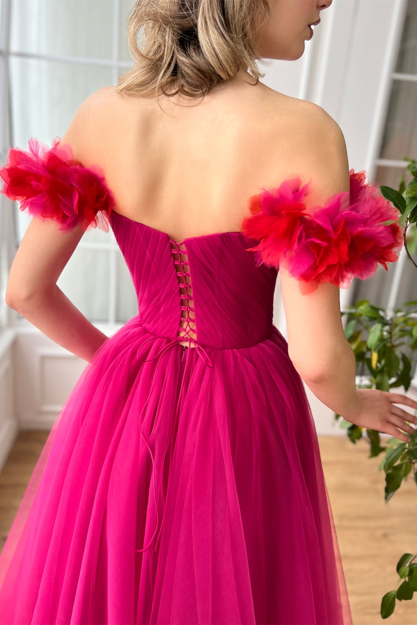 Hot Pink Midi Dresses With Off the Shoulder Sleeves, Hnadmade Floral A-line Cute Prom Dresses, Newest Prom Dresses