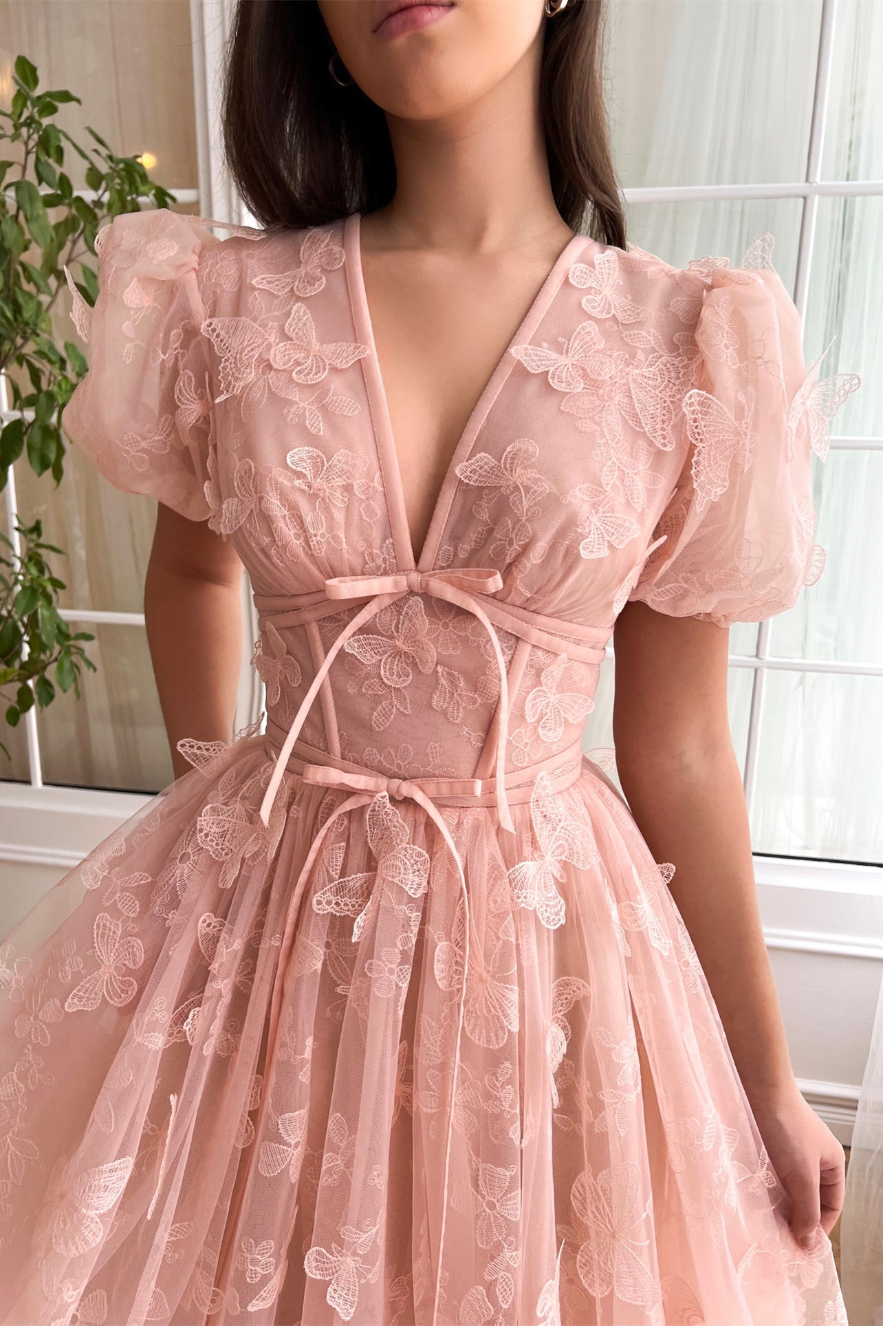 Bubble Sleeves Pink Butterfly Pattern Midi Dresses, Lovely Party Dresses, Newest Prom Dresses