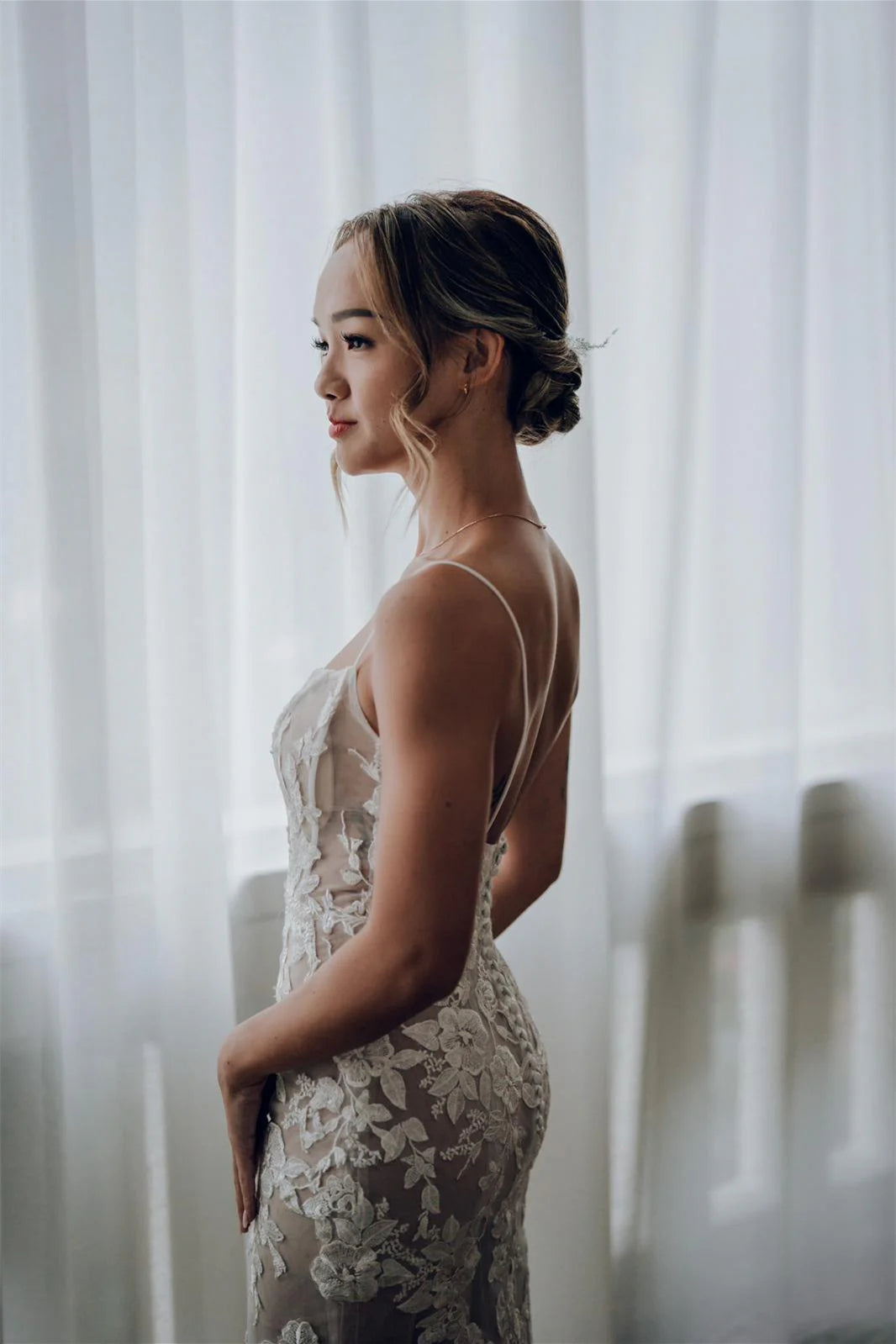 Spaghetti Long Sheath Lace Tulle Wedding Dresses, Country Wedding Dresses, Bridal Gown