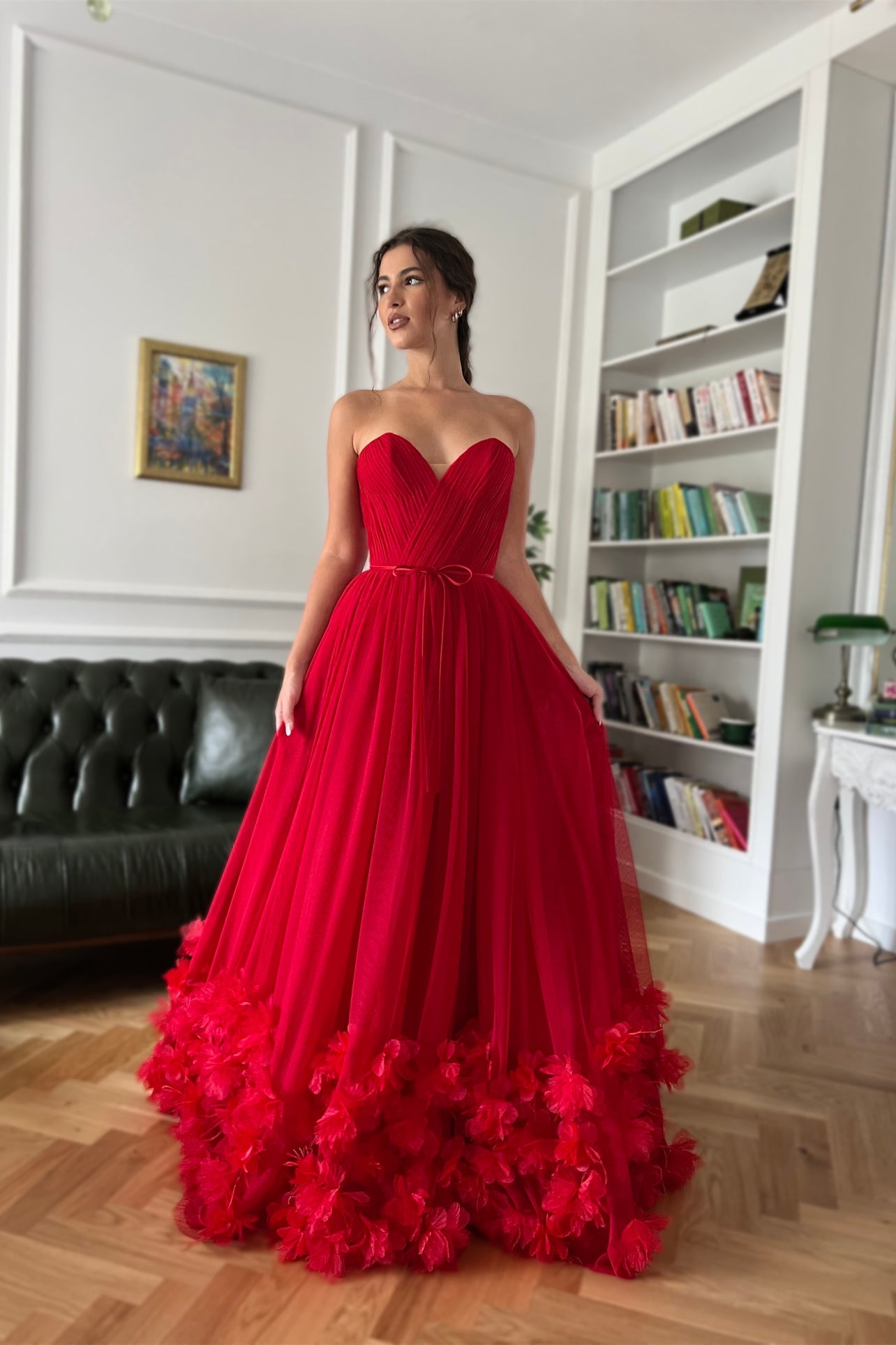 Sweetheart Red A-line Tulle Floral Prom Dresses, Sleeveless Prom Dresses, Newest Prom Dresses