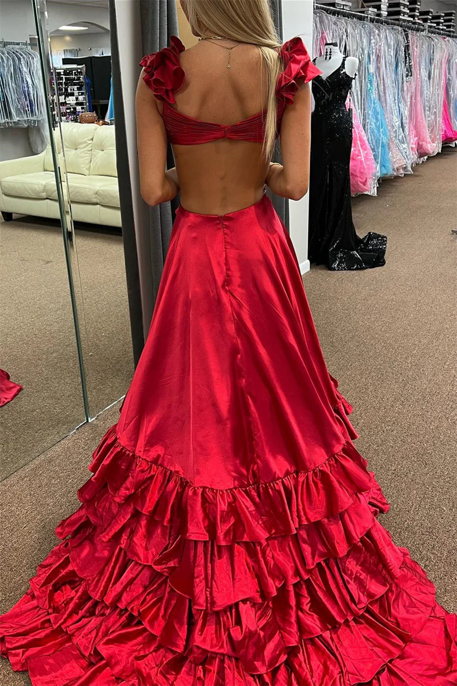 Red Soft Satin Ruffled Prom Dresses, Lovely Long Prom Dresses, Newest Prom Dresses